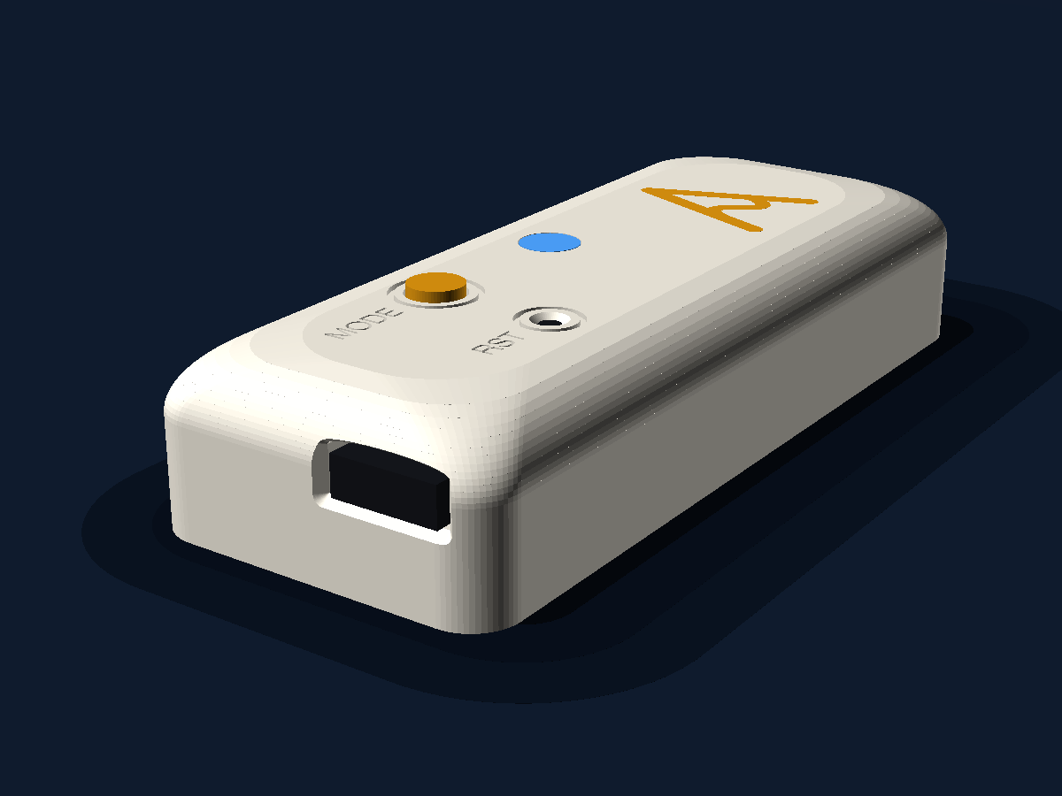 The AmpKeeper device: a small cream rounded box about 73 mm long, with an orange AmpKeeper "A" mark on top, an orange MODE button, a RST pinhole, a blue status LED, and a USB-C socket in one end.