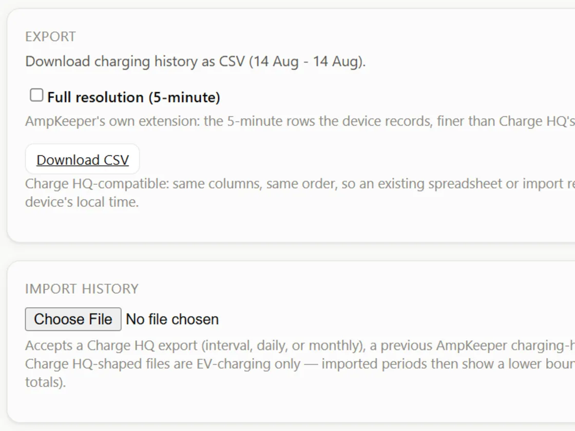 The Export and Import cards: download charging history as CSV with a full-resolution 5-minute option, and import an existing charging-history CSV file.