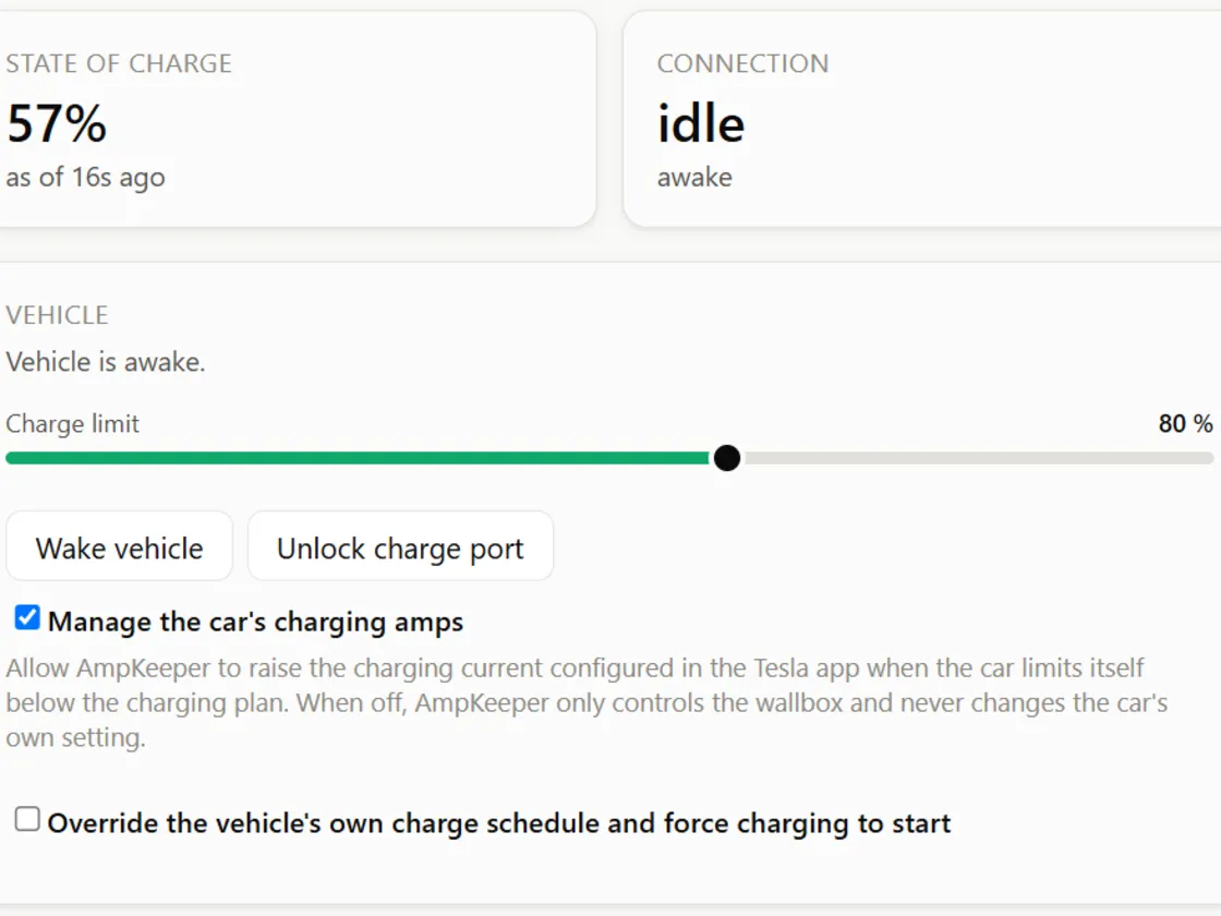The Vehicle page showing the Tesla's state of charge at 57%, connection status, a charge-limit slider set to 80%, and Wake vehicle and Unlock charge port buttons.